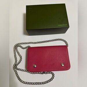 Longchamp Le Foulonné Pink Leather Wallet with Sliver Chain with gift box